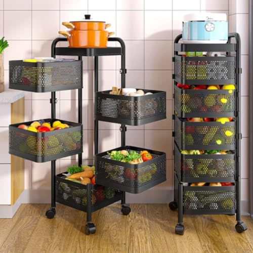 Scaffale a 5 ripiani per verdure su ruote, organizer da cucina rotondo in metallo, cesto di frutta rimovibile per casa e dispensa