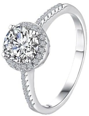 Ringe Damen Zeigefinger, Ringe Frauen Dünn Rundfassung mit 4 Krappen und 0,5 Ct Moissanit Silber 18K Weißgold Größe 56 (17.8)