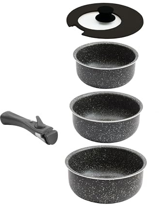 Coopers of Stortford - Nesto Set of Three Space Saving Saucepans - Nesting Aluminium Pans with Universal Lid and Removable Handle