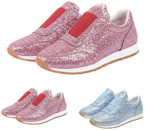 Glittersneakers, dam, paljetter, sportskor, utomhus, fitness, löpning, slip-on, joggingskor, mode, löparskor, kvinnor, promenadskor, glitterskor, festskor, bröllop och fester, rosa, 42 EU