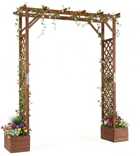 COSTWAY Arche de Jardin en Bois de Sapin, avec 2 Bacs à Fleurs | Pergola Extérieur Toit Suspensions, Treillis Latéral pour Plantes Grimpantes, Décoration Entrée Patio, 208 x 55 x 220 cm
