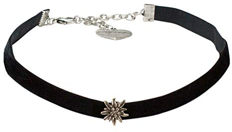 Alpenflüstern Trachten-Samt-Kropfband Edelweiss mini - nostalgische Trachtenkette enganliegend, Kropfkette elastisch, Damen-Trachtenschmuck, Samtkropfband schmal schwarz DHK226