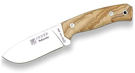 Joker CO59 Montés Jagdmesser mit Vollzapfen, Griff aus Olivenholz, braune Lederscheide, 10,5 cm Klinge, Werkzeug für Fischerei, Jagd, Camping und Trekking
