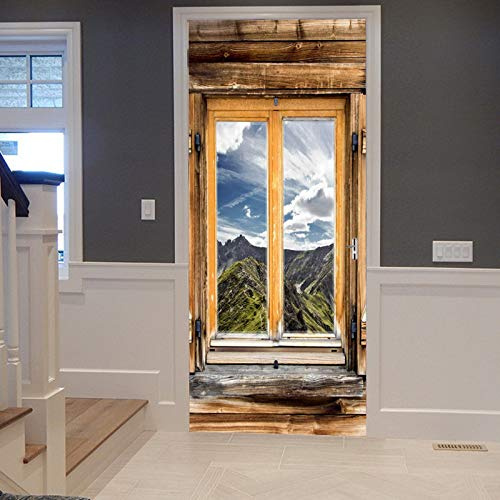 A.Monamour Türtapete Selbstklebend Türfolie Türposter 3D Natur Gebirge Berg Landschaften Außerhalb Des Hölzernen Fenster Drucks Vinyl Folie Türdeko Tapete Wandbild Türaufkleber Türtattoo 83 x 204 cm