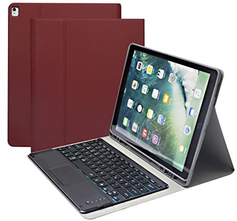 Bueuwe Tastatur Hülle für iPad Pro 12.9 2015/2017 (1./2. Generation), Englisches und Deutsches Layout, 7-Farbige Tastatur mit Hintergrundbeleuchtung Und Touchpad, PU-Ledertasche mit Stifthalter (Rot)