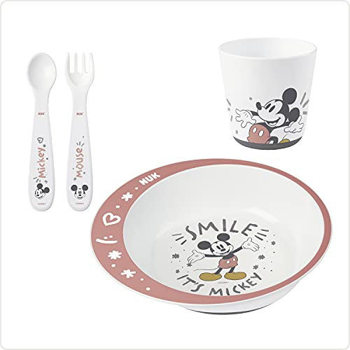 NUK ensemble de vaisselle Disney | 6+ mois | Comprend une assiette | une fourchette | une cuillère et une tasse | Disney Mickey Mouse | 4 pièces
