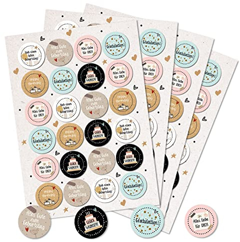Spruchaufkleber Glückwünsche, 96er Set: Runde Sticker Geburtstag, Aufkleber Rund, Spruch Geschenke, Geschenkaufkleber Happy Birthday, Sprüche zum Aufkleben, Give-Away Freundschaft, Klein, ⌀ 4 cm