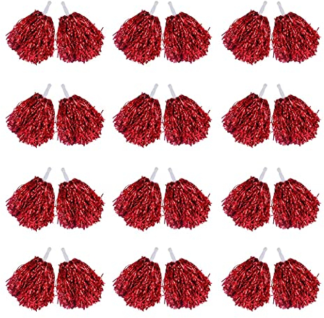 Rfvtgb 24 StüCk Cheerleading Pom Poms Metallfolie Cheer Pom Poms mit Kunststoffgriff für Erwachsene Kinder Cheerleader Party Rot