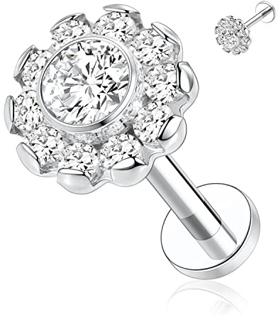 hengkaixuan Labret Studs 16G G23 Titan Lip Studs Tragus Piercing Flatback Ohrringe Innengewinde 8mm Monroe Medusa Helix Piercing Silber Lobe Knorpel Conch Ohrringe Blumenform