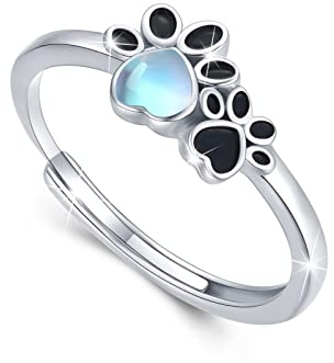 Pfote Ringe 925 Sterling Silber Mondstein Hündchen Pfotenabdruck Ring Verstellbar Ring Geschenk Schmuck für Damen