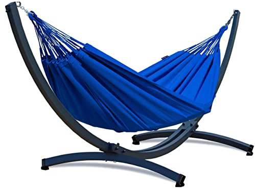 Potenza Outdoor Hängematte mit Aluminium Gestell für 2 Personen I Baumwolle Merida - Doppelhängematte 220x160, 220kg I Hängemattengestell 200kg, wetterfest (Blau, Basic Gestell Graphit)