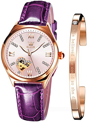 OLEVS Watches for Women Automatic Leather Strap Self-Winding Ladies Wrist Watch Diamond Heart dial Waterproof Luminous reloj para Mujer Mechanical Purple