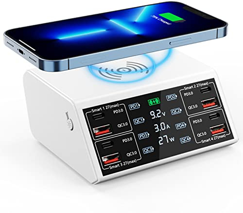 100W USB Charger Desktop 8-Port Charging Station Hub with Quick Charge 18W QC 3.0 USB Ports, with 27W PD Fast Charger Ports and LCD Display Wireless Charging Station for iPhone iPad Samsung