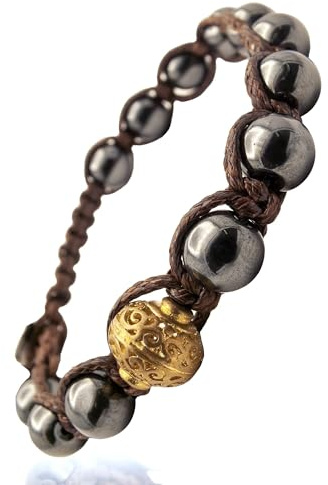 Samsara Bracciale Shamballa Artigianale con Pietre Naturali – Bracciale Regolabile con Filo in Cotone Cerato Marrone ed Ematite, Accessorio Uomo Donna dallo Stile Essenziale