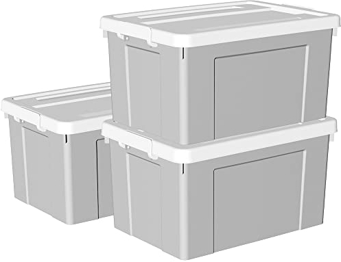 Cetomo 90L*3 Scatole di Stoccaggio in Plastica, Scatole Portaoggetti con Coperchio, Organizzatore con Ruote, Contenitori per Casa e Ufficio, Impilabile, Resistente, Grigio, 90L - Confezione da 3