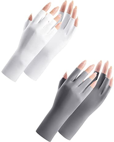 HilyBony Sunblock Fingerlose Handschuhe, Eisseide, UV-Schutz, Fahrhandschuhe, Sommer, Outdoor-Handschuhe für Damen und Mädchen, Grau + Weiß, 2 Stück, One size