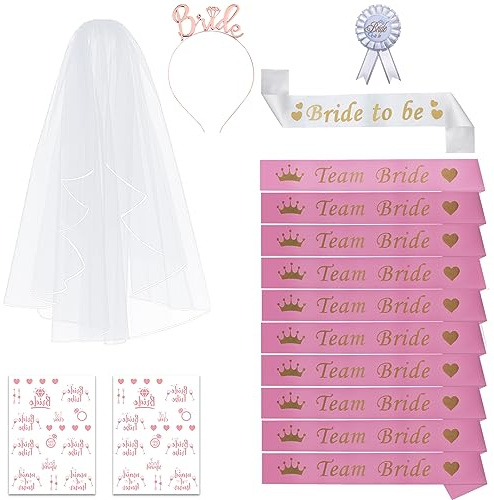 JGA - Set di accessori da donna, 10 fasce per capelli Team Bride, velo, corona, tatuaggi per Team Bride, badge da sposa, addio al nubilato, set da 16 pezzi