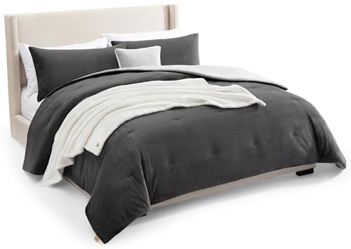 UGG Remina Comforter Set 5 Piece Bed in a Bag with Throw Blanket, Decorative Pillow, Shams, and Reversible Comforter Hypoallergenic Washable Luxury Plush Warm Fluffy Bedding Set, King, Charcoal Grey