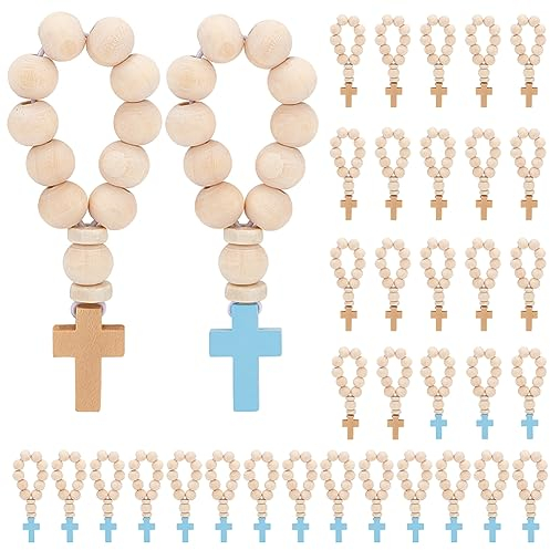 OLYCRAFT 36pz Rosario in legno con ciondolo a forma di croce rosario con perline di legno e cordoncino elastico, rosario cattolico, per donne, uomini, battesimo, prima comunione, cresima, 84 mm