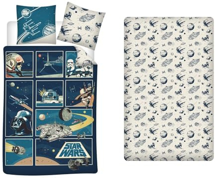 AYMAX Star Wars Classic - Juego de cama de 3 piezas para cama individual, 100% algodón, funda nórdica reversible de 140 x 200 cm, funda de almohada de 65 x 65 cm + sábana bajera de 90 x 190 cm
