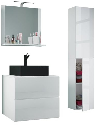 VCM 4-TLG. Waschplatz Waschtisch | schwarzes Waschbecken Unterschrank Breite 60 cm | Badmöbel Set mit Schubladen Drehtüren Spiegel | Lendas S BL