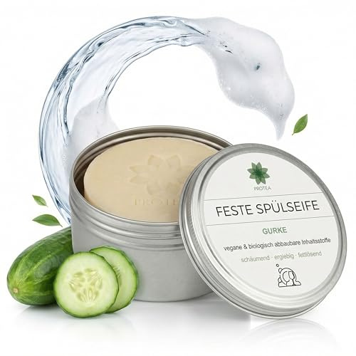 PROTEA fast diskmedel – diskmaskintvål – biologiskt nedbrytbar – vegansk, plast och palmolja – disktvål med naturliga ingredienser – naturtvål – rent vegetabilisk (tvål med burk)