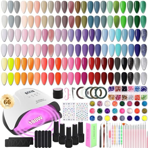Milai Kit Uñas Semipermanentes,66 Colores Kit Uñas de Gel Completo con 180 W UV/LED Lámpara,Esmaltes Semipermanentes para Uñas con Mate y Base Top Coat,Set Manicura Semipermanente