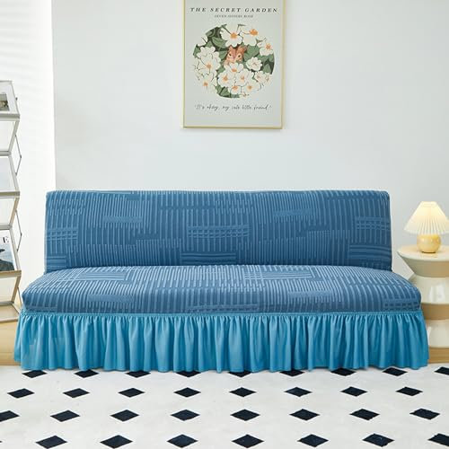 Sofabezug Ohne Armlehnen Stretch Sofabezug 3 Sitzer Ohne Armlehne Grau Jacquard Bettcouch Schonbezug Schutzhülle Rutschfest Futonbezug Faltbar Schlafsofa Sofabettüberzug mit Rock (190-210cm,BlueA)