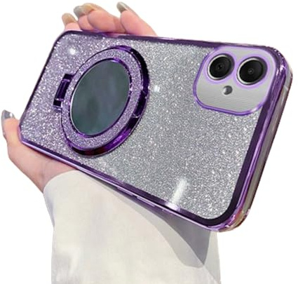 IMEIKONST for Samsung Galaxy A05 Case Gradient Glitter Purple DSJ | Makeup Mirror Ring Stand Function, Full Camera Protector, Soft Silicone Shockproof, Plated Transparent Cover for Girl Women
