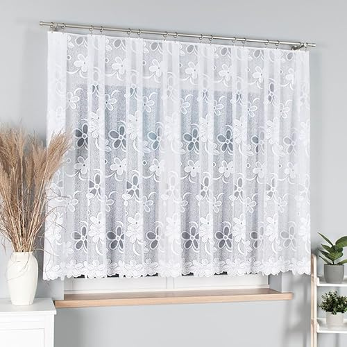 Gardinen Vorhangen Weiß 400x150 cm (BxH) Atorno Kurz Jacquard Gardinen mit Kräuselband Scheibengardine Wohnzimmer Florales Motiv Küchengardinen Stores Gardinenschals Kurzstores