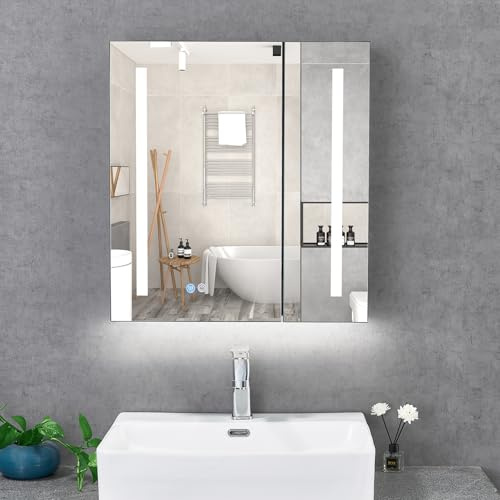 T&K LED Badezimmer Spiegelschrank mit Beleuchtung und Entfogging 60x65cm, mit Glasablage, unterer Umgebungsbeleuchtung, Steckdosen und USBs Doppelter Tür Aluminium Rahmenwerk Badspiegelschrank