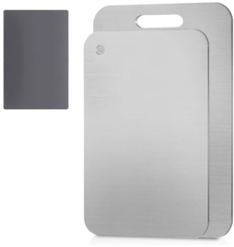imposyu Lot de 2 Planche a Decouper Inox pour La Cuisine Cutting Board et Tapis Antidérapant Planche À Découper En Titane Double Face pour Cuisine et Camping Épaisseur 1mm