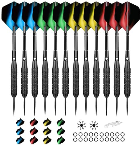 WayArrival 12 Pack Steel Tip Darts, Professional 24 Grams Metal Dart Set with Premium Aluminum Shafts and 4 Style PET Flights, Beginner or Professional Darts