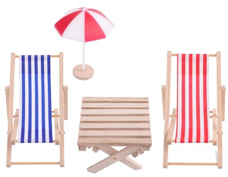 Yuanchu Miniatur Puppenhaus Strandstuhl, 4 Stück 1:12 Strand Dekoration Outdoor Zubehör Mini Puppen Zwillings Liegestühle Regenschirm Tisch für DIY Garten Zen Meer Strand Möbel Dekor Geschenk
