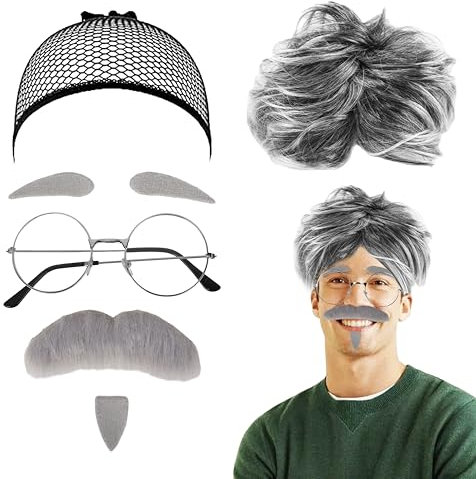 7 Stück Opa Kostüm Set, Opa Perücke Grau Alter Mann Kostümzubehör Großvater Perücke künstlicher Bart Augenbrauen Brille Cosplay Zubehör Geeignet für Karneval, Halloween und Fasching