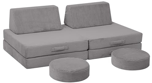 MeMoreCool Leksoffa för barn, manchester, modulär soffa för myshörna, barnrum, bäddsoffa, 8-delad barnsoffa, lekset, skumsoffa, säng med sovfunktion för flickor pojkar, ljusgrå
