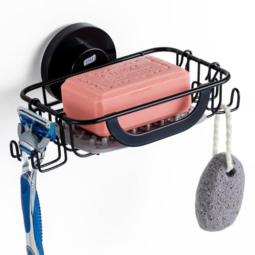TAILI Seifenschale mit Haken, Saugnapf Seifenhalter Edelstahl, Schwarz | Mit Silikon-Pad, Max Halten 5 KG, Für Wand, Dusche, Badewanne, Badezimmer Seife Saver Tray, Küche Schwammhalter