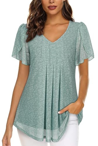 ACDAY Women Blouses for Work Chiffon Summer Tops for Ladies Office Floral V Neck Work Shirts for Womens Business Casual Ruffle Tops Short Sleeve Blouse Puff Sleeve Tunic Shirt