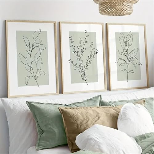 3er Set Premium Poster Set, Moderne Salbei Grüne Pflanzen Abstrakt Kunst Wandbilder, Boho Deko Bilder Für Wohnzimmer Schlafzimmer - Ohne Rahmen (50x70cm)