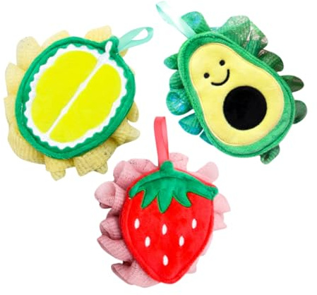TOGEVAL 3 Stück Fruchtförmige Badebälle Peeling Badeschwämme für Kinder Weiche Hautreinigungsschwämme in Pink Grün Gelb Sanftes Luffa Badezubehör für Körperpflege und Badspaß