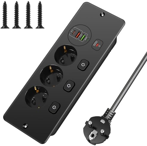 Regleta Empotrable 3 Tomas, 2 USB-A y 2 USB-C PD 20W, Interruptor | Diseñada para encimeras y muebles, con cable de 2 m; carga dispositivos y mantiene el espacio ordenado, práctico y funcional.