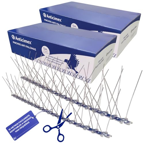 ANTICIMEX 10 Metros Pinchos Antipalomas Profesional de Acero Inoxidable con Cinta Adhesiva Fuerte para Ahuyentar Palomas y Pájaros | 20 Bases de 50cm | para Balcones, Ventanas y Terrazas
