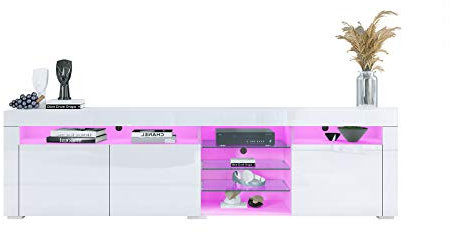 Meuble TV moderne pour salon avec lumières LED, 3 portes de rangement, finition blanc brillant, meuble TV de 180 cm, meuble bas élégant pour meubles de maison