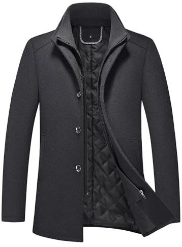KUDORO Mens Wool Blend Coat Winter Thick Overcoat Warm Pea Coat with Detachable Scarf Collar(Black,2XL)