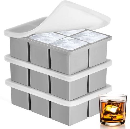 3 Pack Large Silicone Ice Cube Trays for Whiskey, Easy Release 2 inch Cube Ice Trays for Cocktail Whisky, Stackable Ice Cube Trays for Freezer with Leak Proof Removable Lid