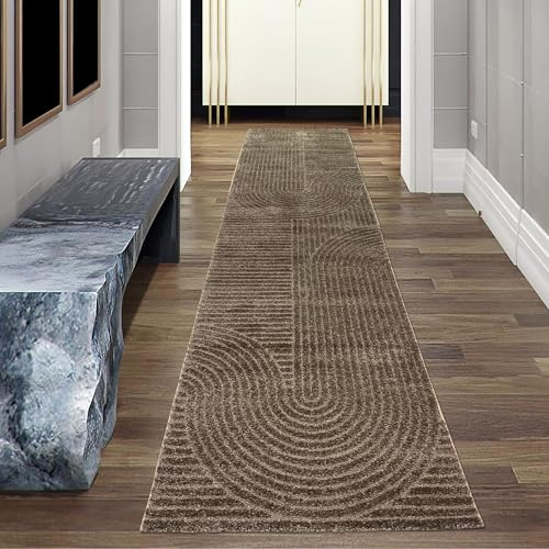 Teppich-Traum Wohnzimmerteppich Teppichläufer Gang Korridor angenehm flauschig Hoch-Tief-Effekt Bogenmuster in braun, 80 x 300 cm