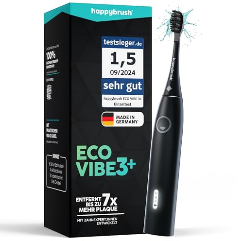 happybrush Spazzolino sonico Eco Vibe 3+ – Vincitore del test – test 100 giorni – Spazzolino elettrico con batteria di 6 settimane – Spazzolino da denti ultrasonico – Allblack