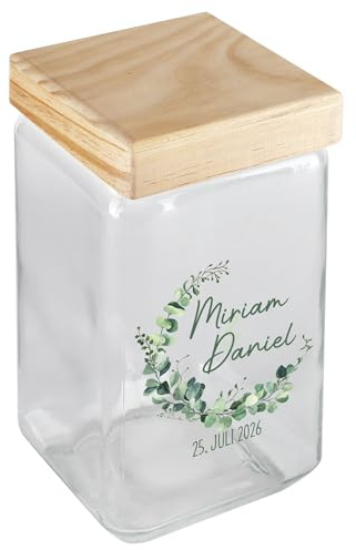 Herz & Heim® Personalisierbares Vorratsglas mit Bambusdeckel – 2 l Glasdose mit individuellem Aufdruck – Geschenk zu Hochzeit, Geburtstag, Einzug – luftdicht & dekorativ (Eukalyptus)