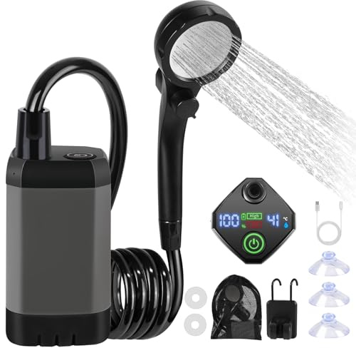 Portable Camping Shower with 6000mAh Rechargeable Battery Pump, LED Display, 4 Spray Modes, Electric Waterproof Outdoor Shower Kit for Hiking, Pet Washing, Travel, Car Cleaning (Grey)