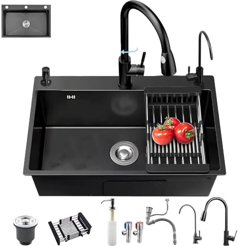 TAZZOR Küchenspüle Küchen Spülbecken Edelstahl Küchen Waschbecken Praktisches Schwarze Spüle Spülbecken mit Armatur Set, Tassenspüler, Seifenspender und Ablaufgarnitur (68×45CM)